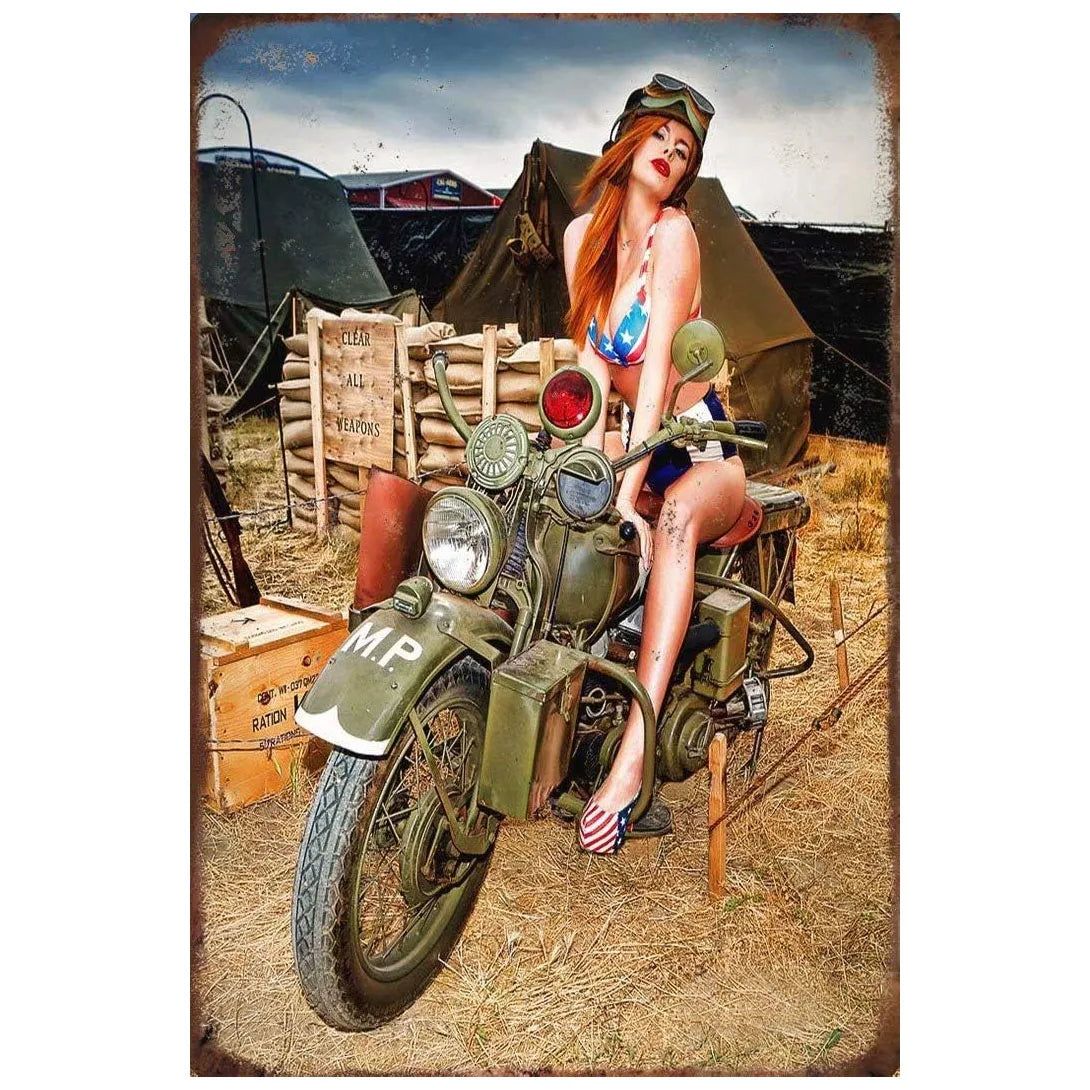 Last Stop Garage Pin Up Girls Metal Tin Signs Cool Women On Motorcycle Gas Fill'Er Up Station for Cafes Bars Pubs Shop Garage - Grand Goldman