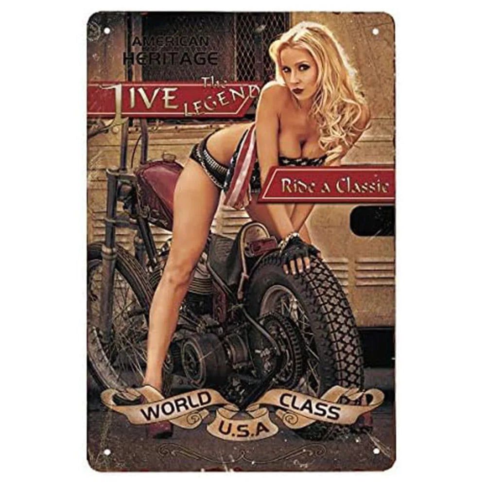 Last Stop Garage Pin Up Girls Metal Tin Signs Cool Women On Motorcycle Gas Fill'Er Up Station for Cafes Bars Pubs Shop Garage - Grand Goldman