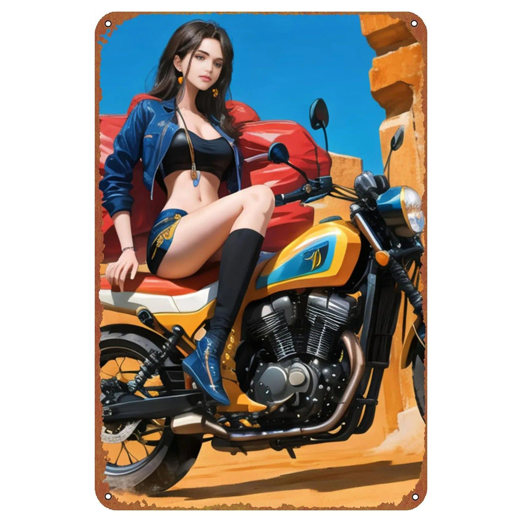 Last Stop Garage Pin Up Girls Metal Tin Signs Cool Women On Motorcycle Gas Fill'Er Up Station for Cafes Bars Pubs Shop Garage - Grand Goldman