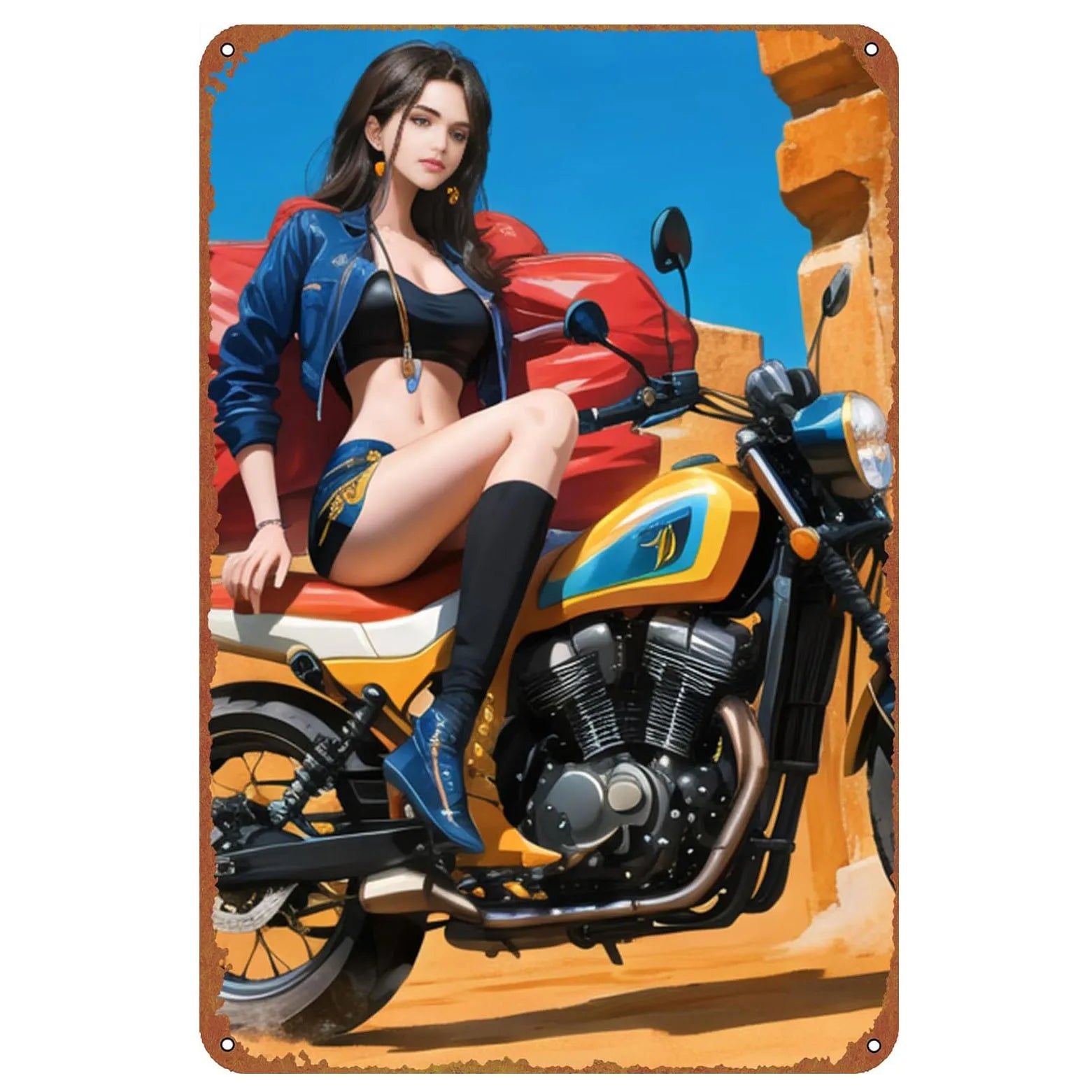 Last Stop Garage Pin Up Girls Metal Tin Signs Cool Women On Motorcycle Gas Fill'Er Up Station for Cafes Bars Pubs Shop Garage - Grand Goldman