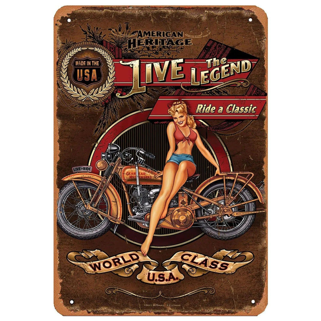 Last Stop Garage Pin Up Girls Metal Tin Signs Cool Women On Motorcycle Gas Fill'Er Up Station for Cafes Bars Pubs Shop Garage - Grand Goldman