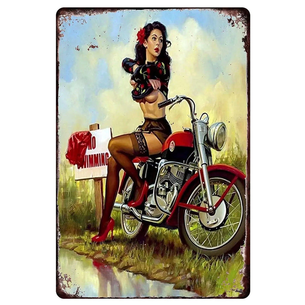 Last Stop Garage Pin Up Girls Metal Tin Signs Cool Women On Motorcycle Gas Fill'Er Up Station for Cafes Bars Pubs Shop Garage - Grand Goldman