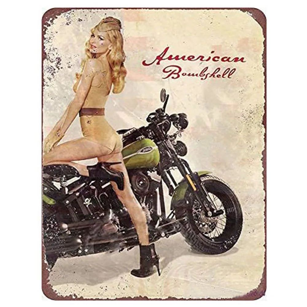 Last Stop Garage Pin Up Girls Metal Tin Signs Cool Women On Motorcycle Gas Fill'Er Up Station for Cafes Bars Pubs Shop Garage - Grand Goldman