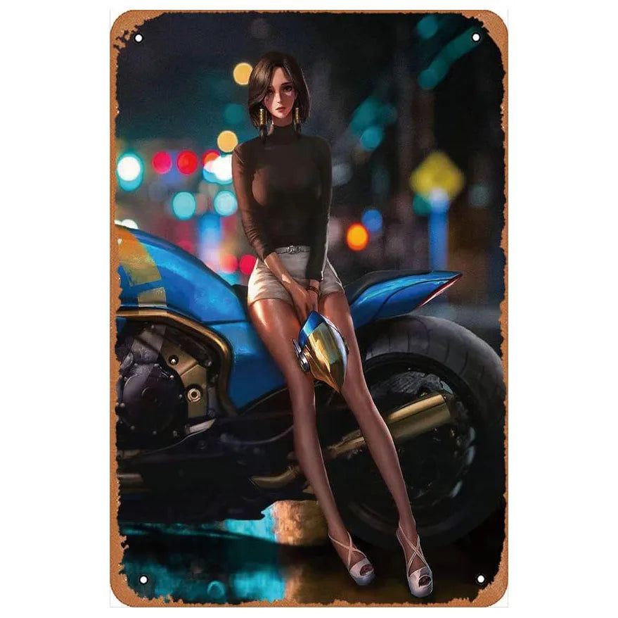 Last Stop Garage Pin Up Girls Metal Tin Signs Cool Women On Motorcycle Gas Fill'Er Up Station for Cafes Bars Pubs Shop Garage - Grand Goldman