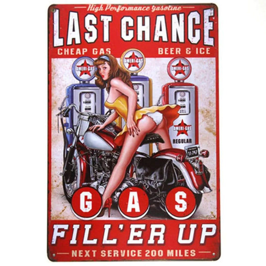 Last Stop Garage Pin Up Girls Metal Tin Signs Cool Women On Motorcycle Gas Fill'Er Up Station for Cafes Bars Pubs Shop Garage - Grand Goldman