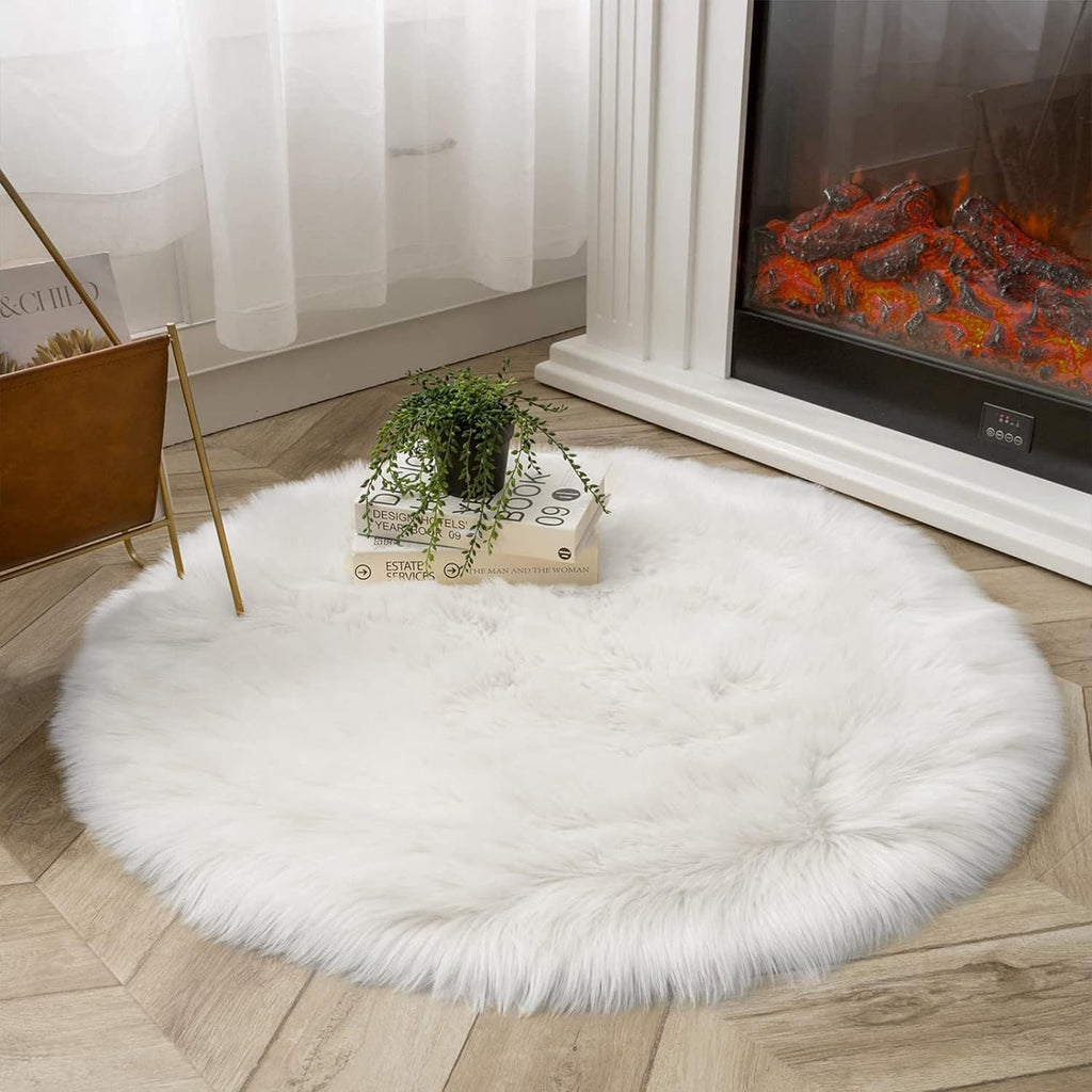 Latepis White Round Rug 3ft Faux Sheepskin Fur Fluffy Circle Rug for Living Room Washable Rug for Bedroom Teen Room Dorm Cute Room Rug - Grand Goldman
