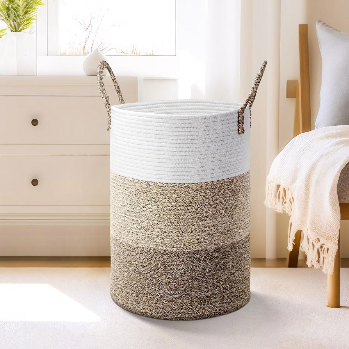 Laundry Basket,Woven Cotton Rope Laundry Hamper,60L for Decor Storage of Dirty Clothes,Toys and Blankets in Bathroom,Baby Room and Living Room - Grand Goldman