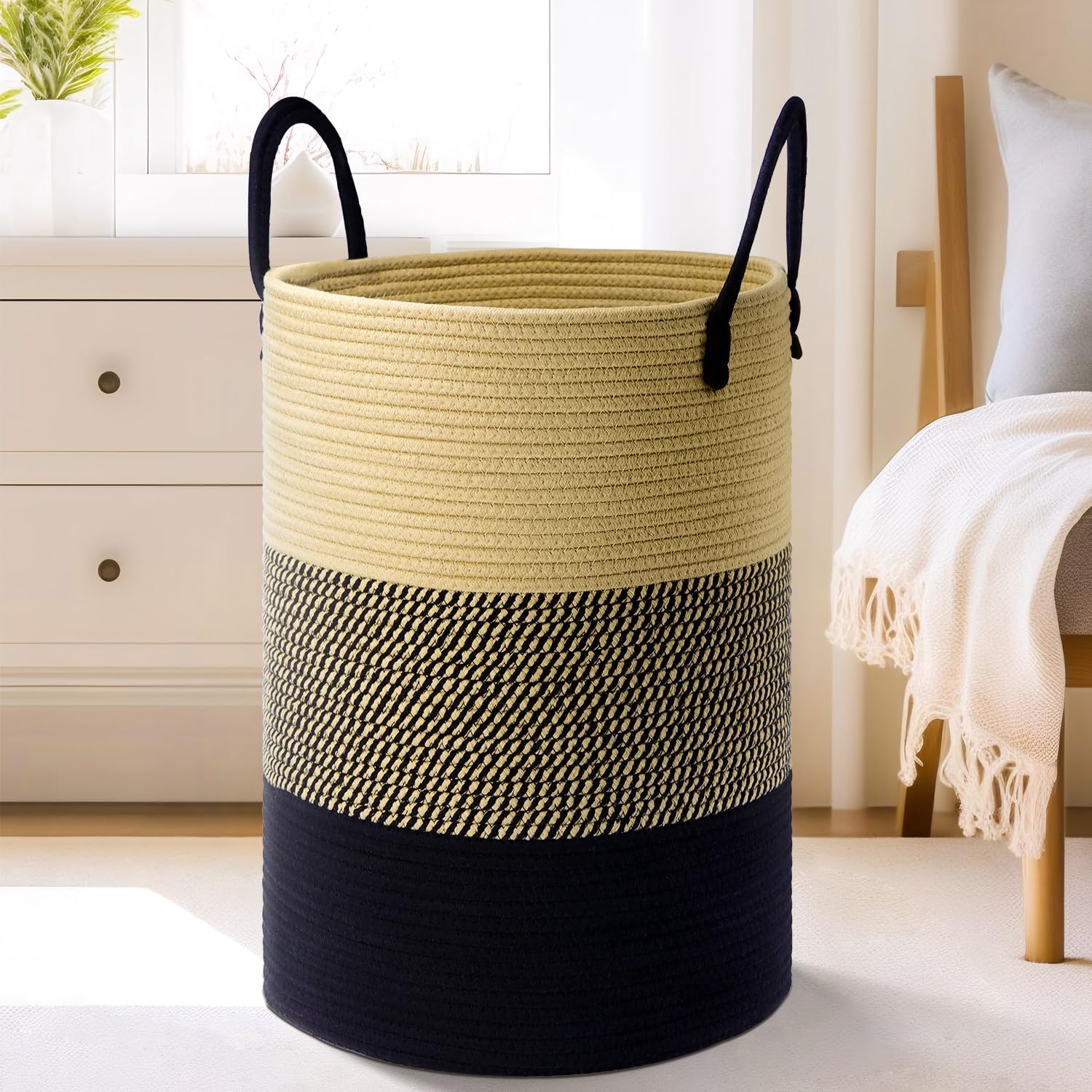 Laundry Basket,Woven Cotton Rope Laundry Hamper,60L for Decor Storage of Dirty Clothes,Toys and Blankets in Bathroom,Baby Room and Living Room - Grand Goldman