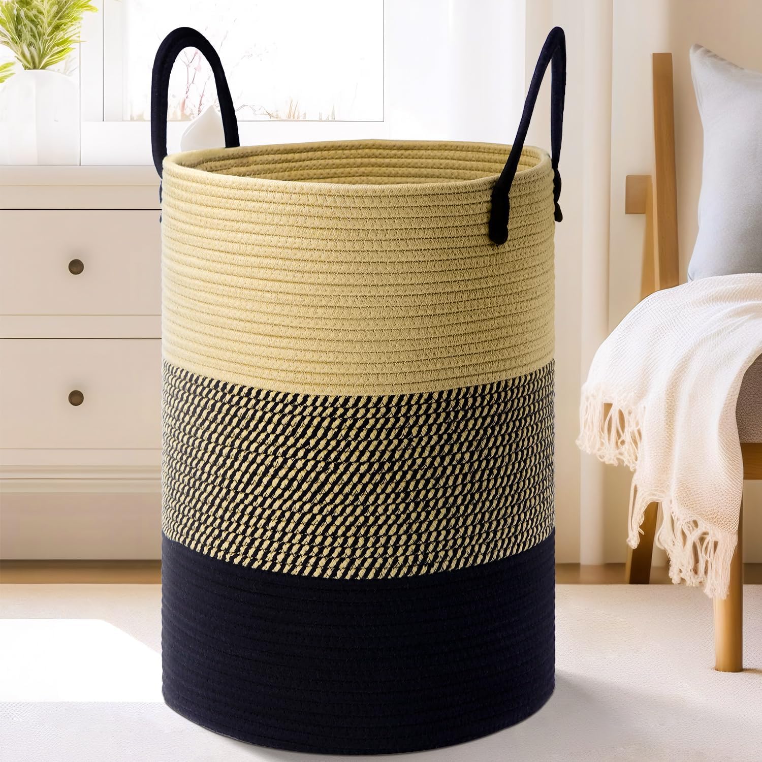 Laundry Basket,Woven Cotton Rope Laundry Hamper,60L for Decor Storage of Dirty Clothes,Toys and Blankets in Bathroom,Baby Room and Living Room - Grand Goldman