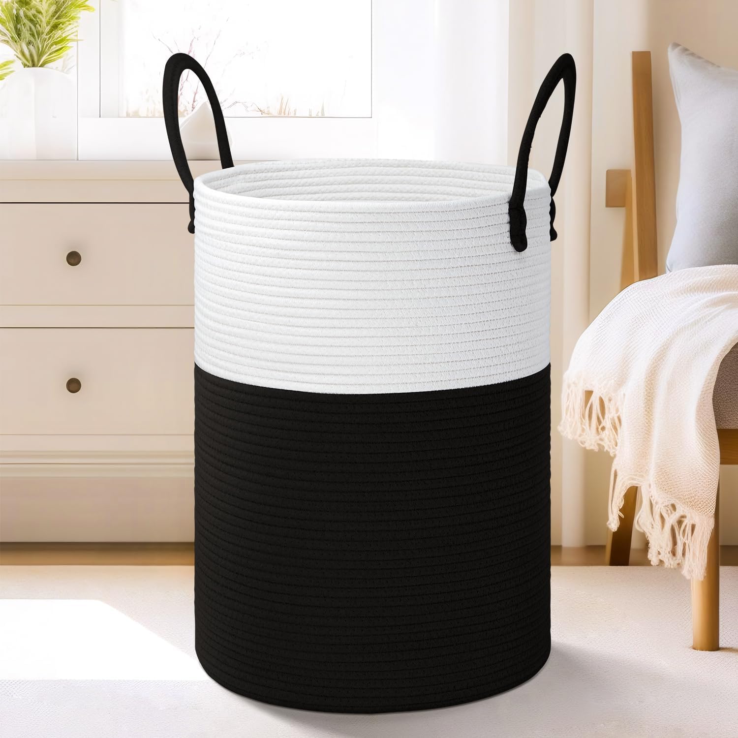 Laundry Basket,Woven Cotton Rope Laundry Hamper,60L for Decor Storage of Dirty Clothes,Toys and Blankets in Bathroom,Baby Room and Living Room - Grand Goldman