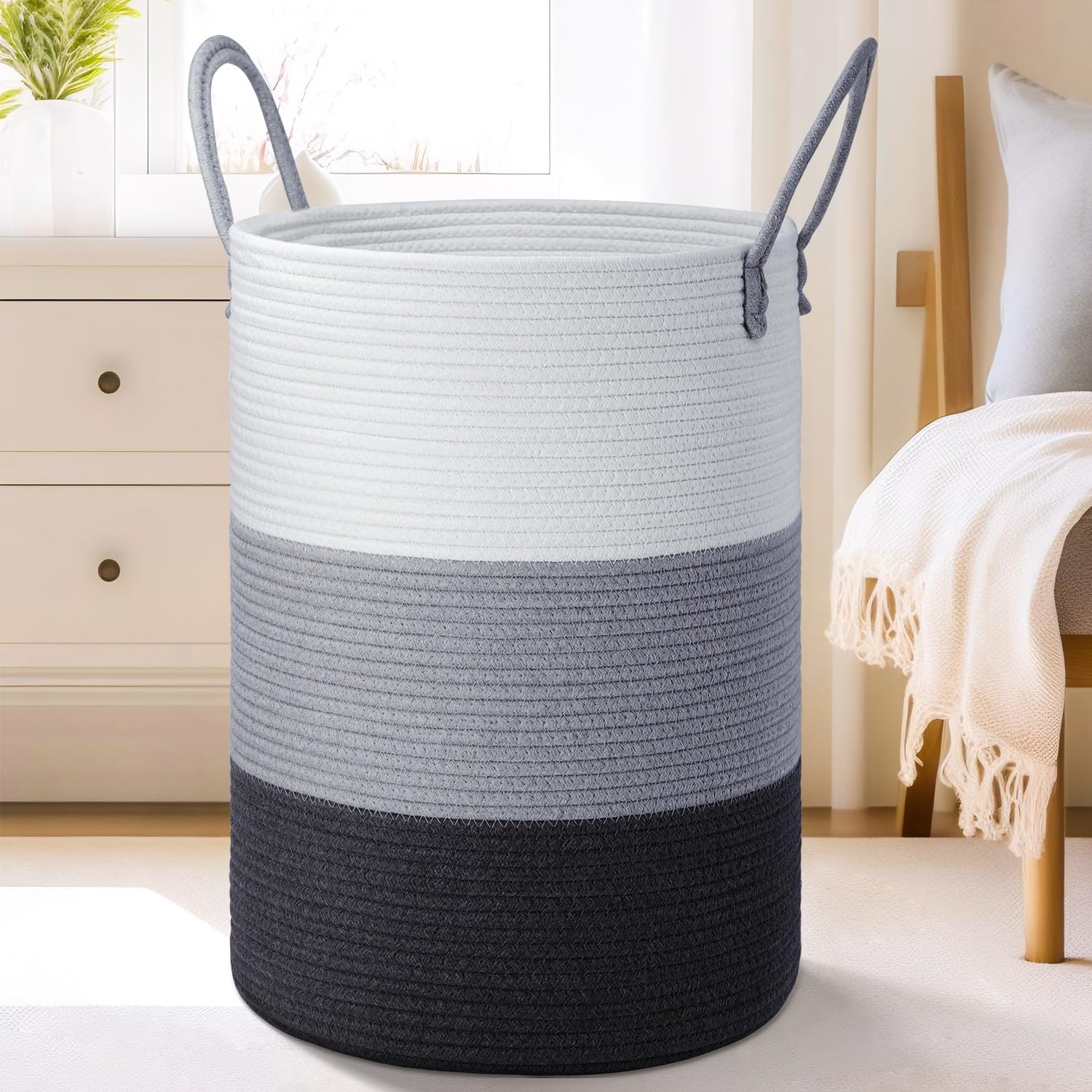 Laundry Basket,Woven Cotton Rope Laundry Hamper,60L for Decor Storage of Dirty Clothes,Toys and Blankets in Bathroom,Baby Room and Living Room - Grand Goldman