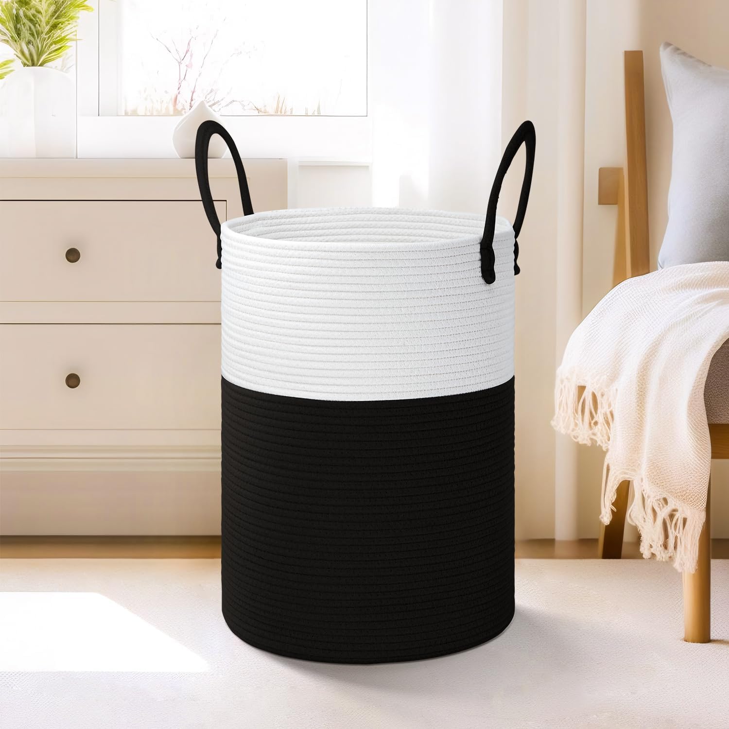 Laundry Basket,Woven Cotton Rope Laundry Hamper,60L for Decor Storage of Dirty Clothes,Toys and Blankets in Bathroom,Baby Room and Living Room - Grand Goldman