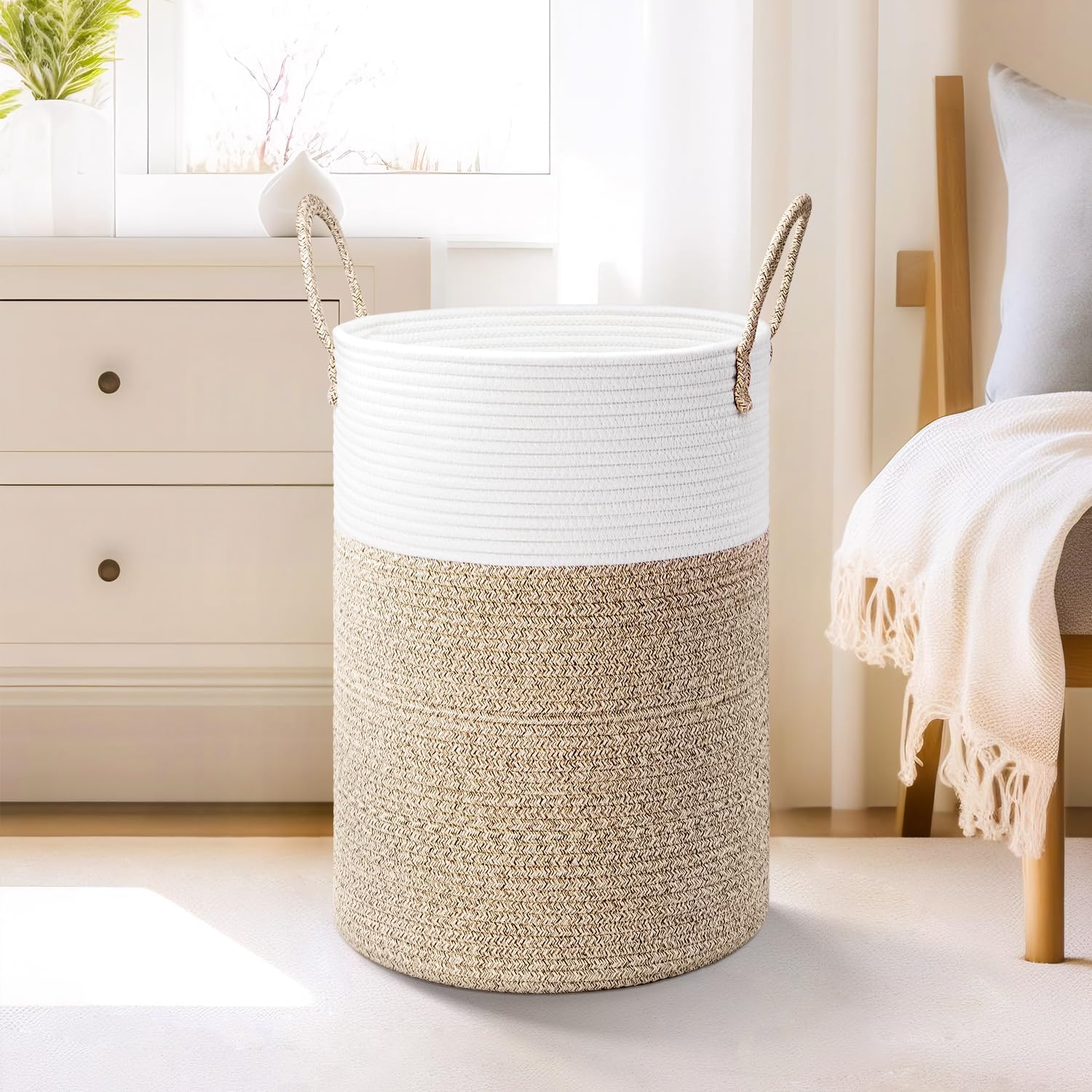 Laundry Basket,Woven Cotton Rope Laundry Hamper,60L for Decor Storage of Dirty Clothes,Toys and Blankets in Bathroom,Baby Room and Living Room - Grand Goldman