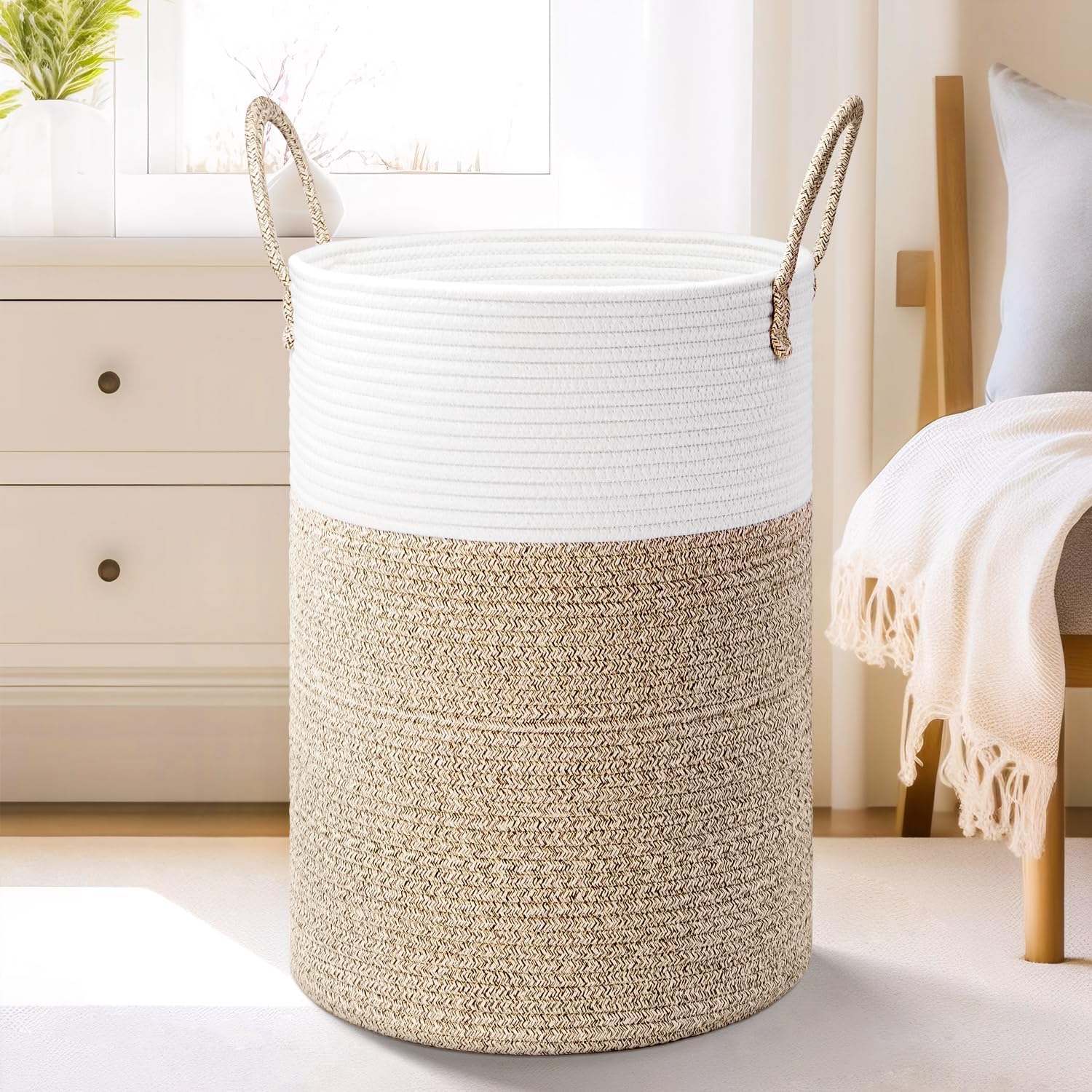 Laundry Basket,Woven Cotton Rope Laundry Hamper,60L for Decor Storage of Dirty Clothes,Toys and Blankets in Bathroom,Baby Room and Living Room - Grand Goldman