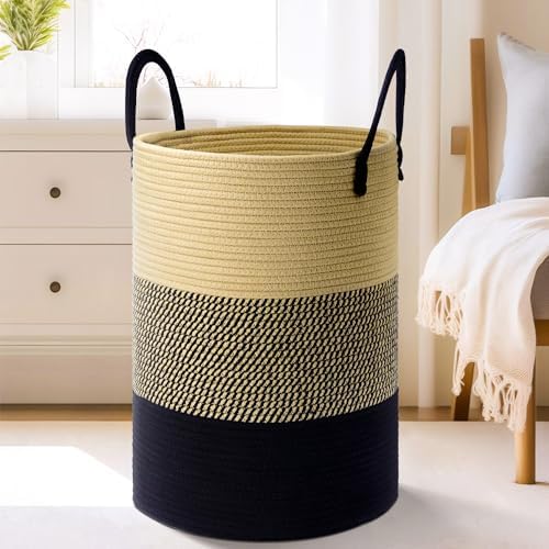 Laundry Basket,Woven Cotton Rope Laundry Hamper,60L for Decor Storage of Dirty Clothes,Toys and Blankets in Bathroom,Baby Room and Living Room - Grand Goldman