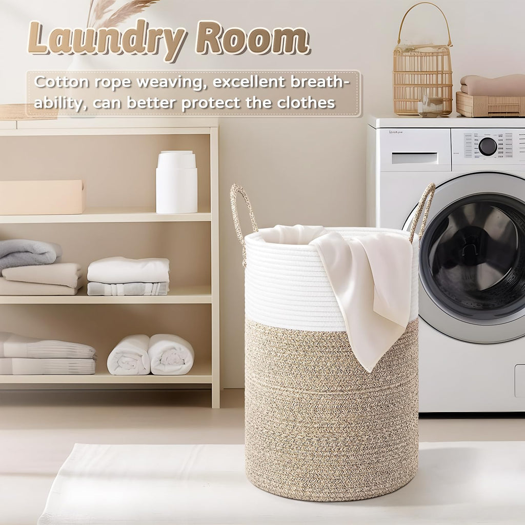 Laundry Basket,Woven Cotton Rope Laundry Hamper,60L for Decor Storage of Dirty Clothes,Toys and Blankets in Bathroom,Baby Room and Living Room - Grand Goldman