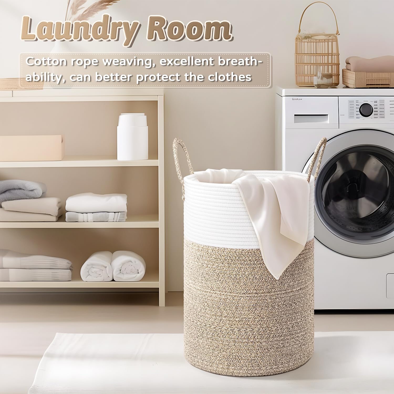 Laundry Basket,Woven Cotton Rope Laundry Hamper,60L for Decor Storage of Dirty Clothes,Toys and Blankets in Bathroom,Baby Room and Living Room - Grand Goldman