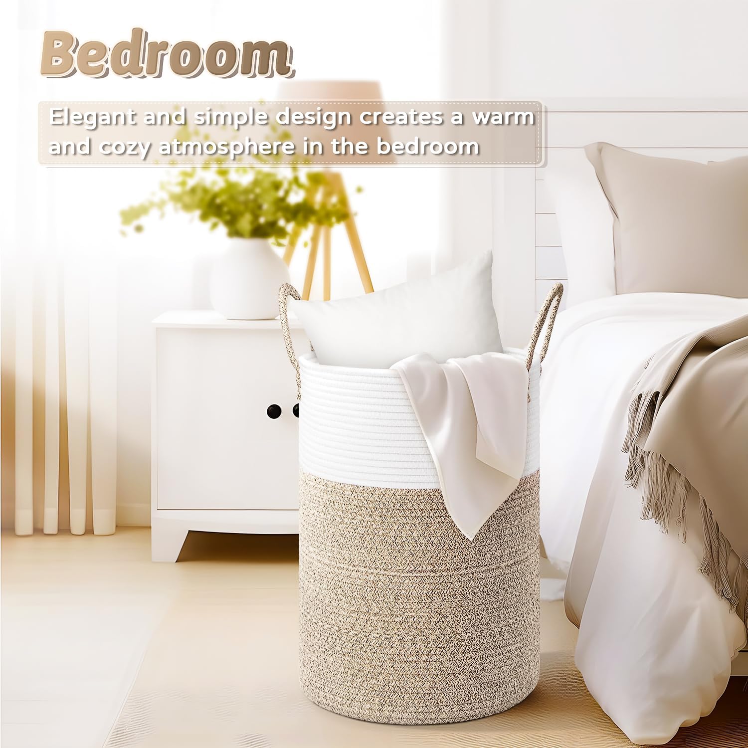 Laundry Basket,Woven Cotton Rope Laundry Hamper,60L for Decor Storage of Dirty Clothes,Toys and Blankets in Bathroom,Baby Room and Living Room - Grand Goldman