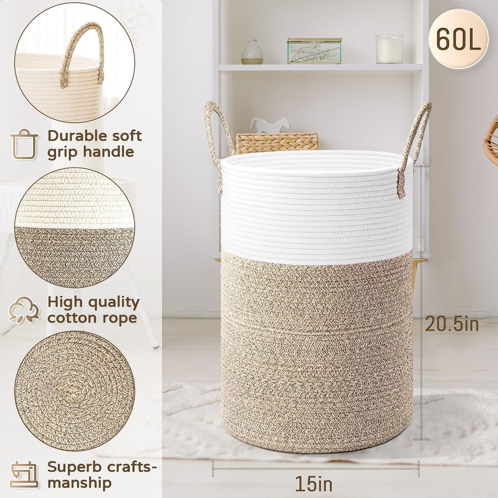 Laundry Basket,Woven Cotton Rope Laundry Hamper,60L for Decor Storage of Dirty Clothes,Toys and Blankets in Bathroom,Baby Room and Living Room - Grand Goldman