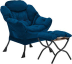 Lazy Chair with Folding Ottoman, Accent Chair Velvet Upholstered with Metal Structure and Non-Slip Pads, Sofa Armchair with Footrest and Side Storage Bag for Dorm, Room, Office, Black - Grand Goldman