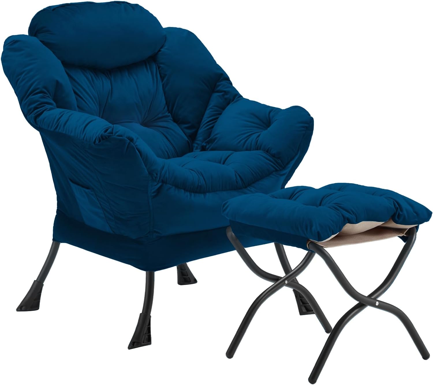 Lazy Chair with Folding Ottoman, Accent Chair Velvet Upholstered with Metal Structure and Non-Slip Pads, Sofa Armchair with Footrest and Side Storage Bag for Dorm, Room, Office, Black - Grand Goldman