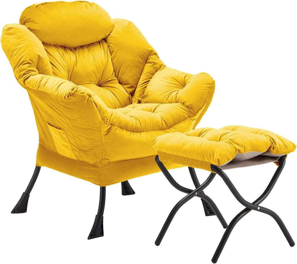 Lazy Chair with Folding Ottoman, Accent Chair Velvet Upholstered with Metal Structure and Non-Slip Pads, Sofa Armchair with Footrest and Side Storage Bag for Dorm, Room, Office, Black - Grand Goldman