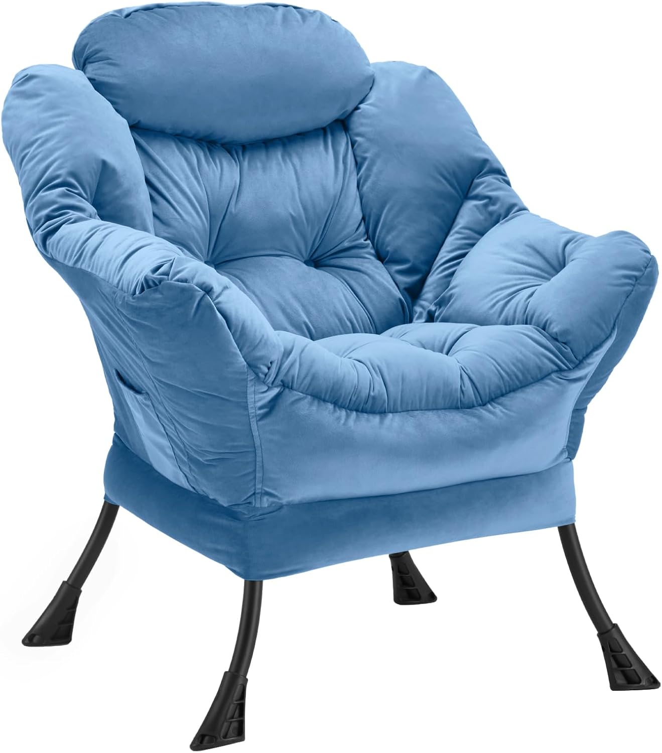 Lazy Chair with Folding Ottoman, Accent Chair Velvet Upholstered with Metal Structure and Non-Slip Pads, Sofa Armchair with Footrest and Side Storage Bag for Dorm, Room, Office, Black - Grand Goldman