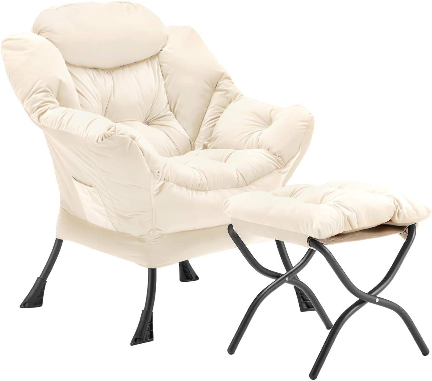 Lazy Chair with Folding Ottoman, Accent Chair Velvet Upholstered with Metal Structure and Non-Slip Pads, Sofa Armchair with Footrest and Side Storage Bag for Dorm, Room, Office, Black - Grand Goldman