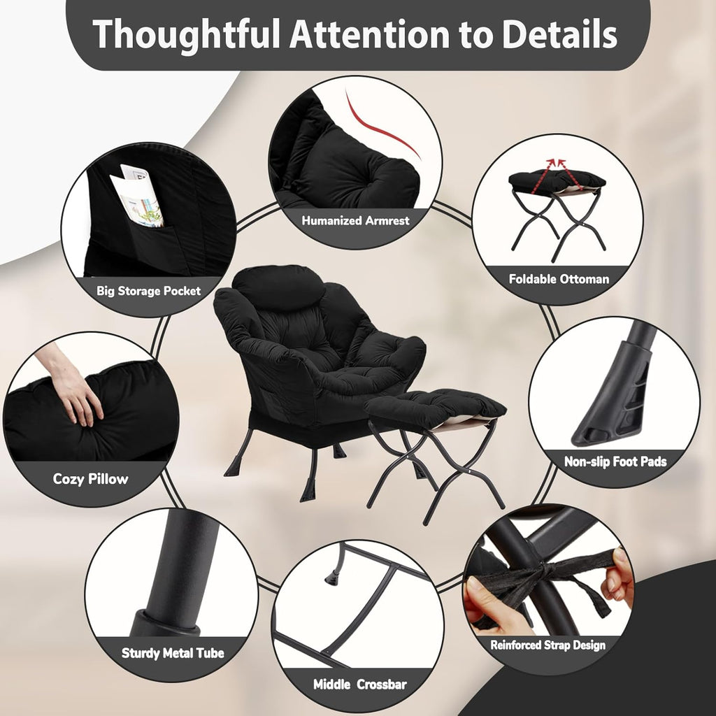Lazy Chair with Folding Ottoman, Accent Chair Velvet Upholstered with Metal Structure and Non-Slip Pads, Sofa Armchair with Footrest and Side Storage Bag for Dorm, Room, Office, Black - Grand Goldman