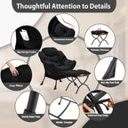 Lazy Chair with Folding Ottoman, Accent Chair Velvet Upholstered with Metal Structure and Non-Slip Pads, Sofa Armchair with Footrest and Side Storage Bag for Dorm, Room, Office, Black - Grand Goldman