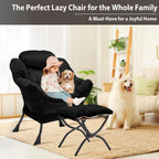 Lazy Chair with Folding Ottoman, Accent Chair Velvet Upholstered with Metal Structure and Non-Slip Pads, Sofa Armchair with Footrest and Side Storage Bag for Dorm, Room, Office, Black - Grand Goldman