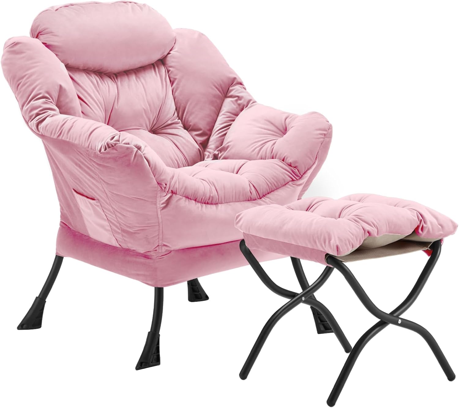 Lazy Chair with Folding Ottoman, Accent Chair Velvet Upholstered with Metal Structure and Non-Slip Pads, Sofa Armchair with Footrest and Side Storage Bag for Dorm, Room, Office, Black - Grand Goldman