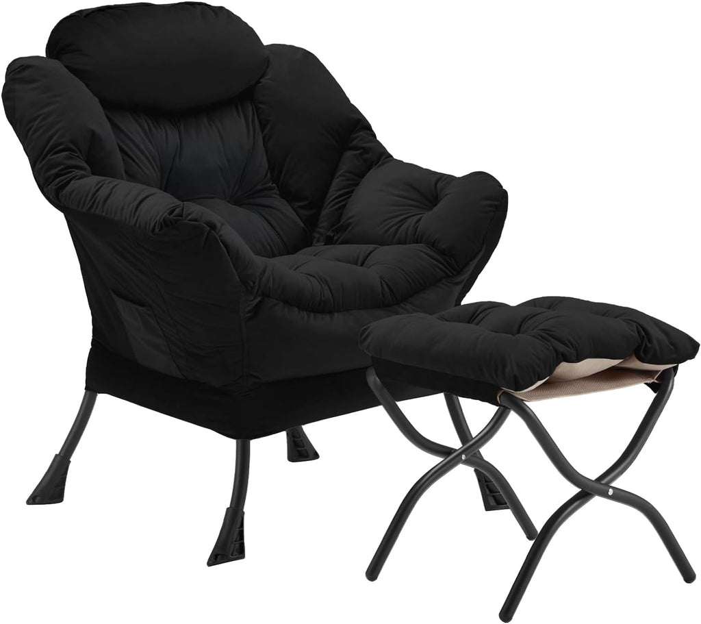 Lazy Chair with Folding Ottoman, Accent Chair Velvet Upholstered with Metal Structure and Non-Slip Pads, Sofa Armchair with Footrest and Side Storage Bag for Dorm, Room, Office, Black - Grand Goldman