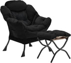 Lazy Chair with Folding Ottoman, Accent Chair Velvet Upholstered with Metal Structure and Non-Slip Pads, Sofa Armchair with Footrest and Side Storage Bag for Dorm, Room, Office, Black - Grand Goldman