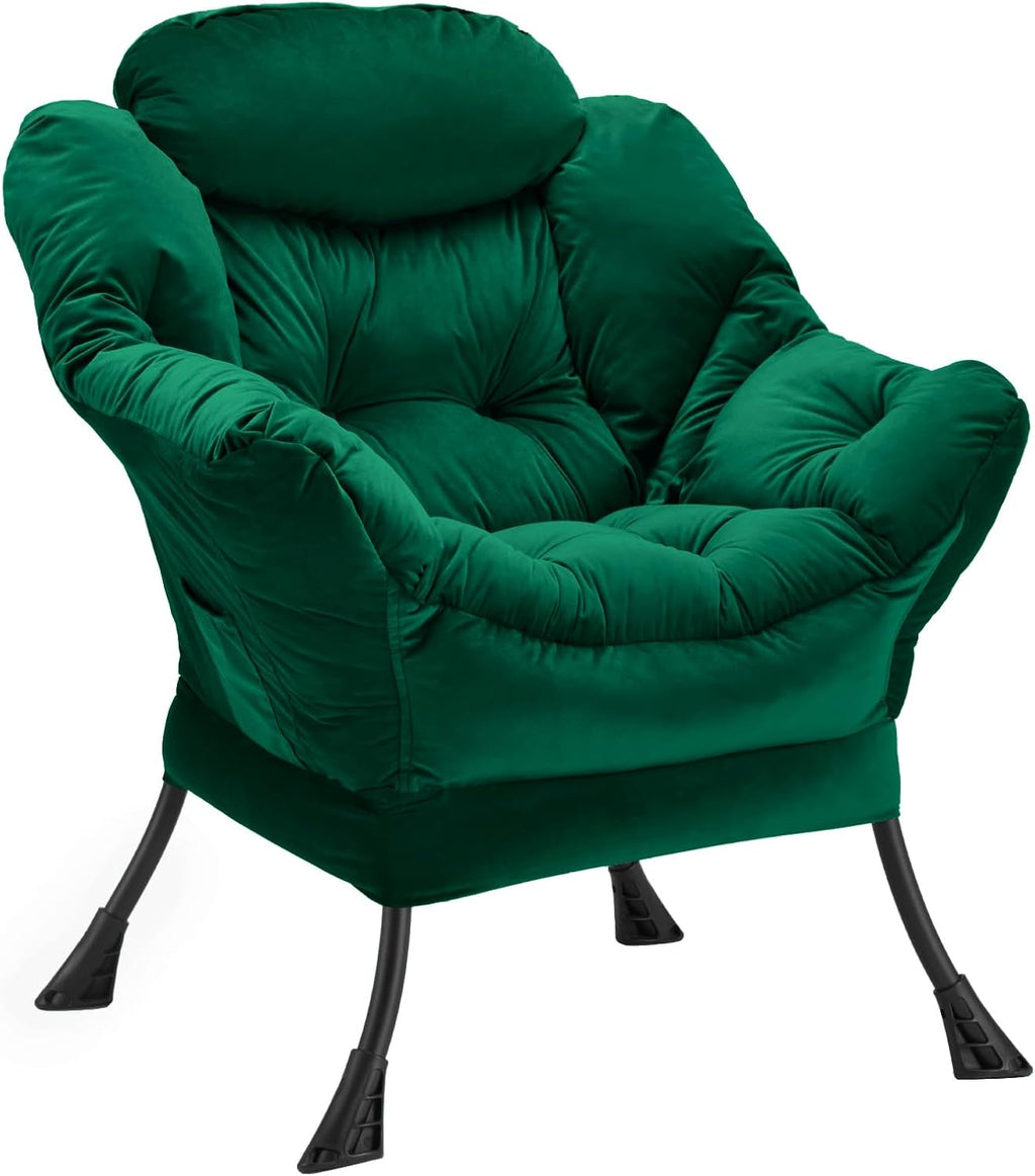 Lazy Chair with Folding Ottoman, Accent Chair Velvet Upholstered with Metal Structure and Non-Slip Pads, Sofa Armchair with Footrest and Side Storage Bag for Dorm, Room, Office, Black - Grand Goldman