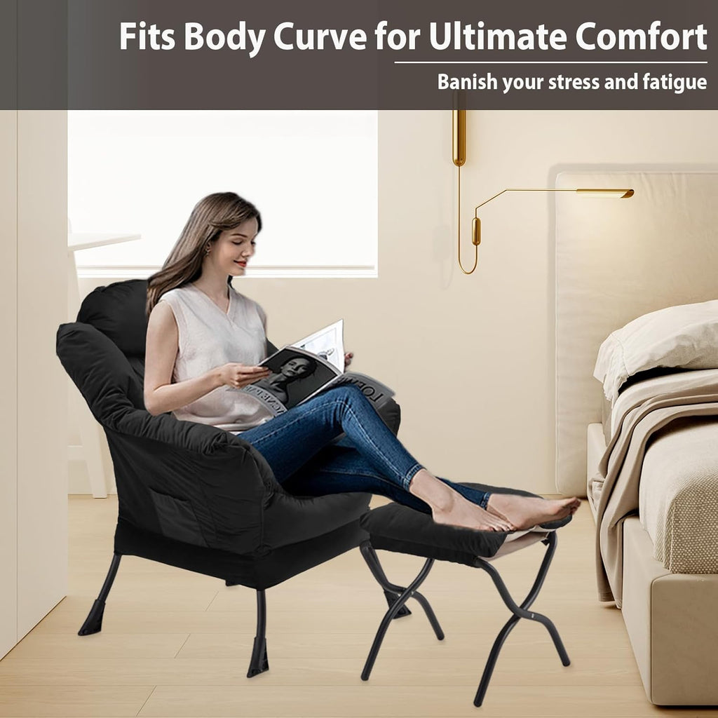 Lazy Chair with Folding Ottoman, Accent Chair Velvet Upholstered with Metal Structure and Non-Slip Pads, Sofa Armchair with Footrest and Side Storage Bag for Dorm, Room, Office, Black - Grand Goldman
