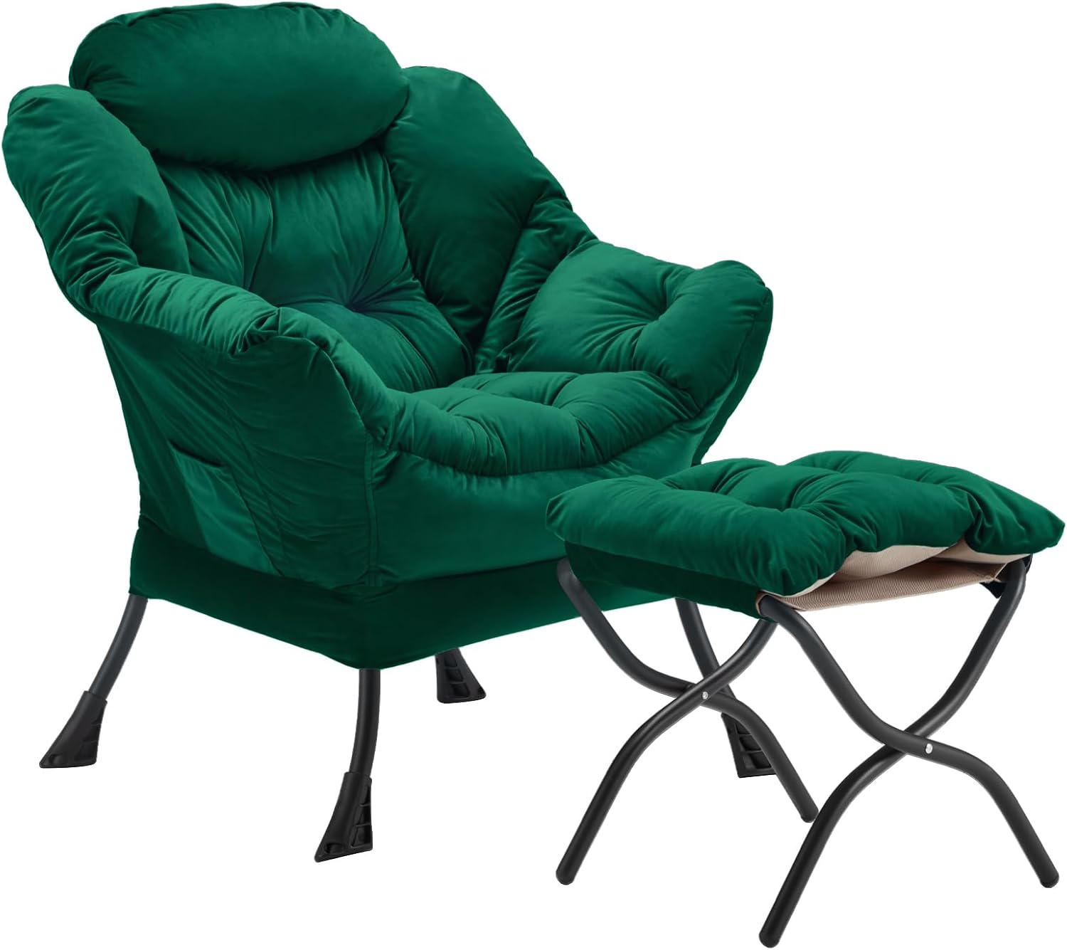 Lazy Chair with Folding Ottoman, Accent Chair Velvet Upholstered with Metal Structure and Non-Slip Pads, Sofa Armchair with Footrest and Side Storage Bag for Dorm, Room, Office, Black - Grand Goldman