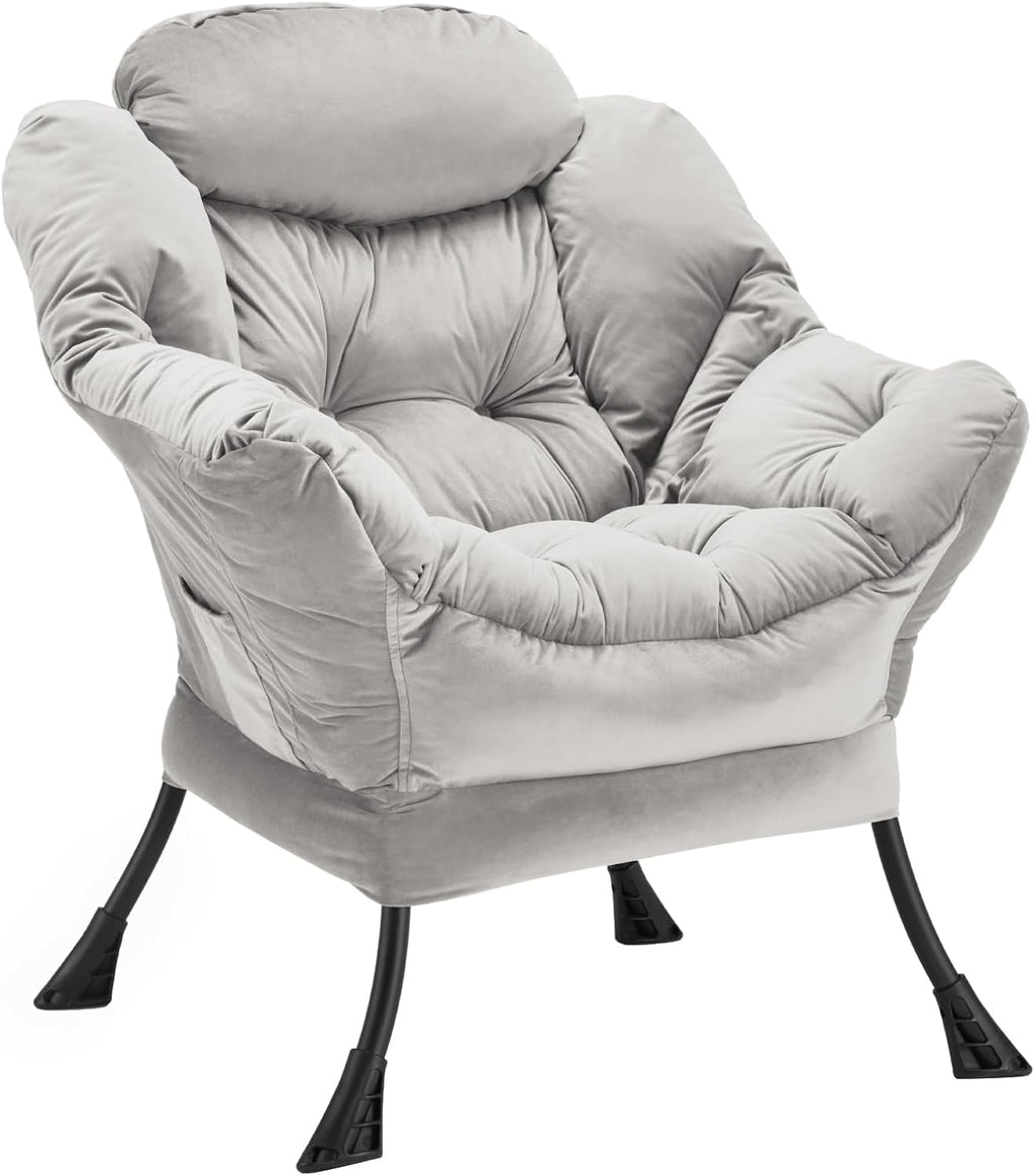 Lazy Chair with Folding Ottoman, Accent Chair Velvet Upholstered with Metal Structure and Non-Slip Pads, Sofa Armchair with Footrest and Side Storage Bag for Dorm, Room, Office, Black - Grand Goldman