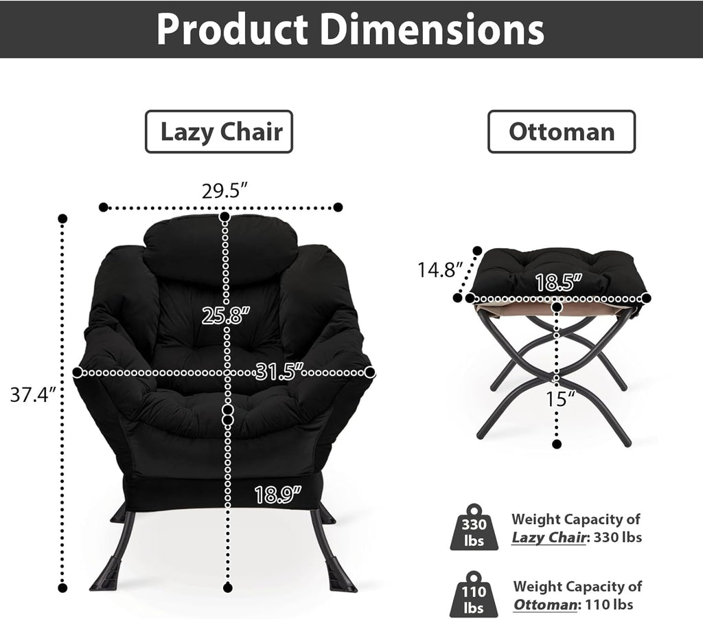Lazy Chair with Folding Ottoman, Accent Chair Velvet Upholstered with Metal Structure and Non-Slip Pads, Sofa Armchair with Footrest and Side Storage Bag for Dorm, Room, Office, Black - Grand Goldman