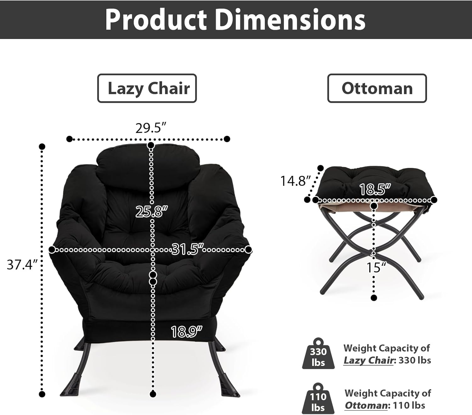 Lazy Chair with Folding Ottoman, Accent Chair Velvet Upholstered with Metal Structure and Non-Slip Pads, Sofa Armchair with Footrest and Side Storage Bag for Dorm, Room, Office, Black - Grand Goldman
