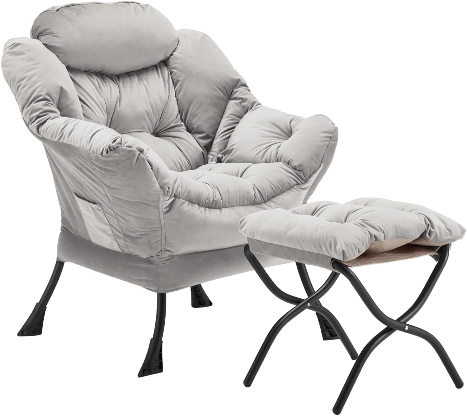 Lazy Chair with Folding Ottoman, Accent Chair Velvet Upholstered with Metal Structure and Non-Slip Pads, Sofa Armchair with Footrest and Side Storage Bag for Dorm, Room, Office, Black - Grand Goldman