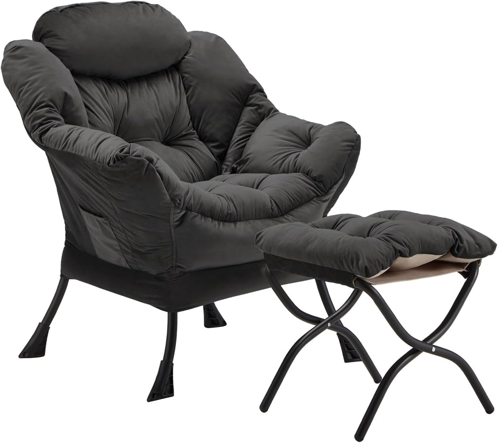 Lazy Chair with Folding Ottoman, Accent Chair Velvet Upholstered with Metal Structure and Non-Slip Pads, Sofa Armchair with Footrest and Side Storage Bag for Dorm, Room, Office, Black - Grand Goldman