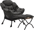 Lazy Chair with Folding Ottoman, Accent Chair Velvet Upholstered with Metal Structure and Non-Slip Pads, Sofa Armchair with Footrest and Side Storage Bag for Dorm, Room, Office, Black - Grand Goldman