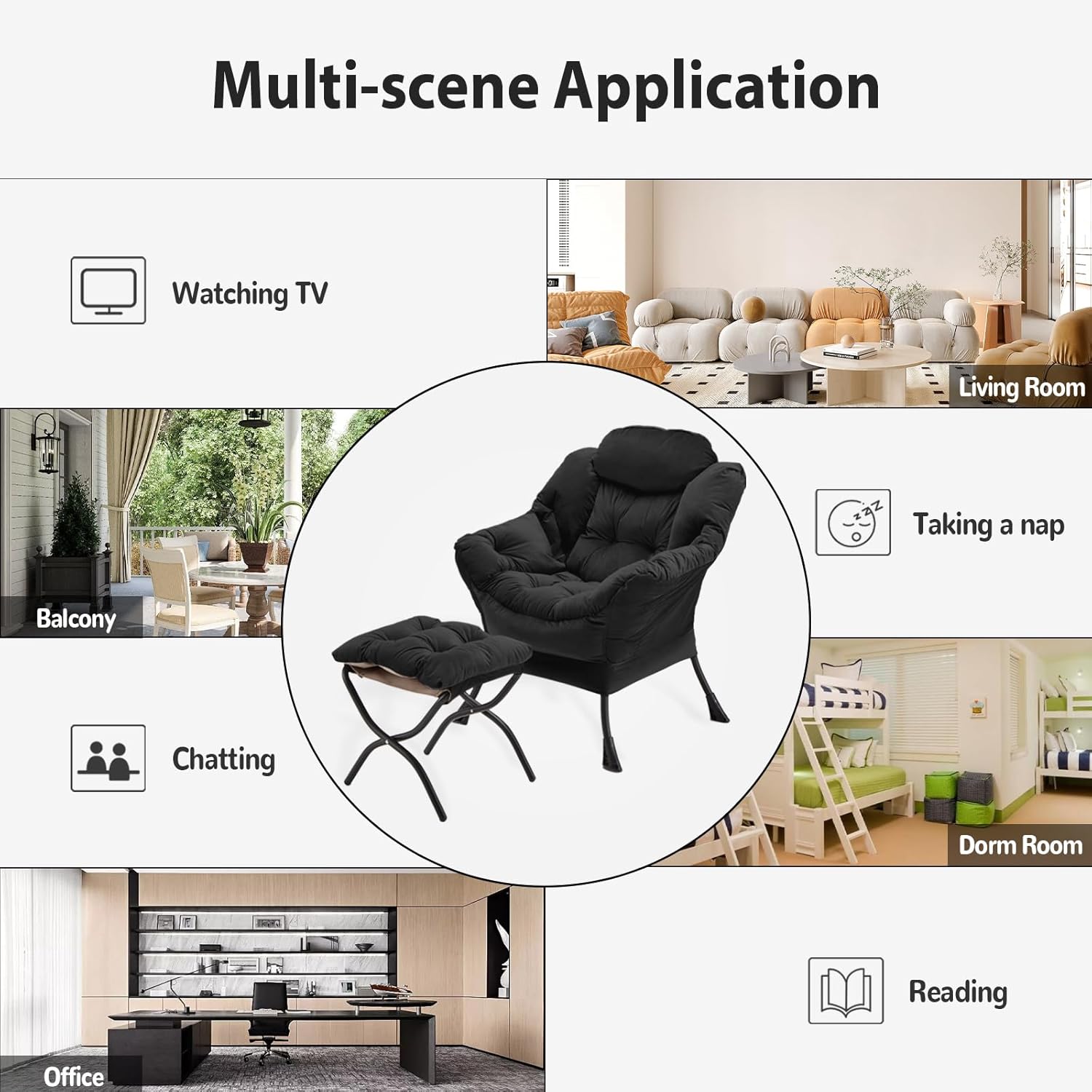 Lazy Chair with Folding Ottoman, Accent Chair Velvet Upholstered with Metal Structure and Non-Slip Pads, Sofa Armchair with Footrest and Side Storage Bag for Dorm, Room, Office, Black - Grand Goldman