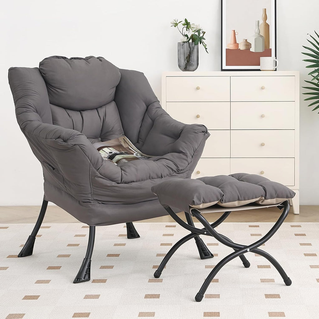 Lazy Chair with Ottoman, Modern Chair with Folding Footrest, Lounge Accent Chair, Comfortable Reading Chair, Oversized Armchairs for Bedroom, Study, Living Room, Courtyard (Dark Grey) - Grand Goldman