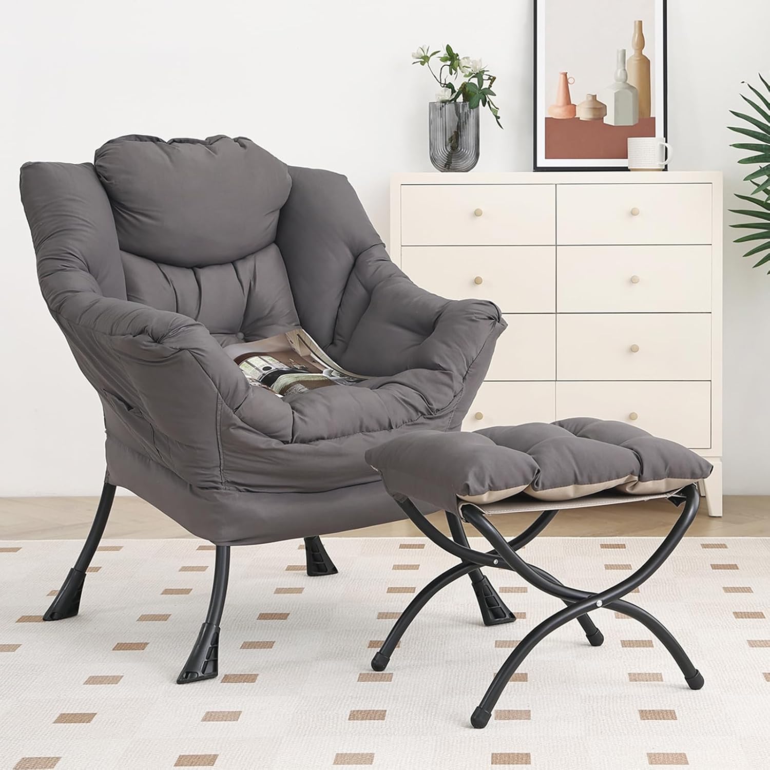 Lazy Chair with Ottoman, Modern Chair with Folding Footrest, Lounge Accent Chair, Comfortable Reading Chair, Oversized Armchairs for Bedroom, Study, Living Room, Courtyard (Dark Grey) - Grand Goldman