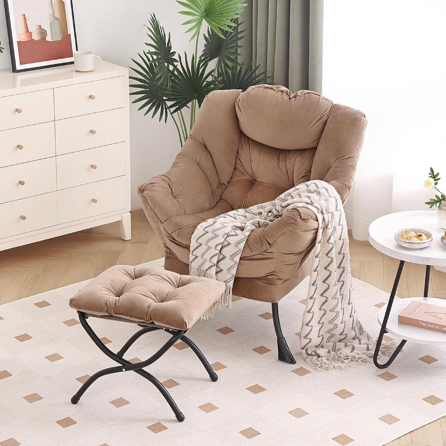 Lazy Chair with Ottoman, Modern Chair with Folding Footrest, Lounge Accent Chair, Comfortable Reading Chair, Oversized Armchairs for Bedroom, Study, Living Room, Courtyard (Dark Grey) - Grand Goldman