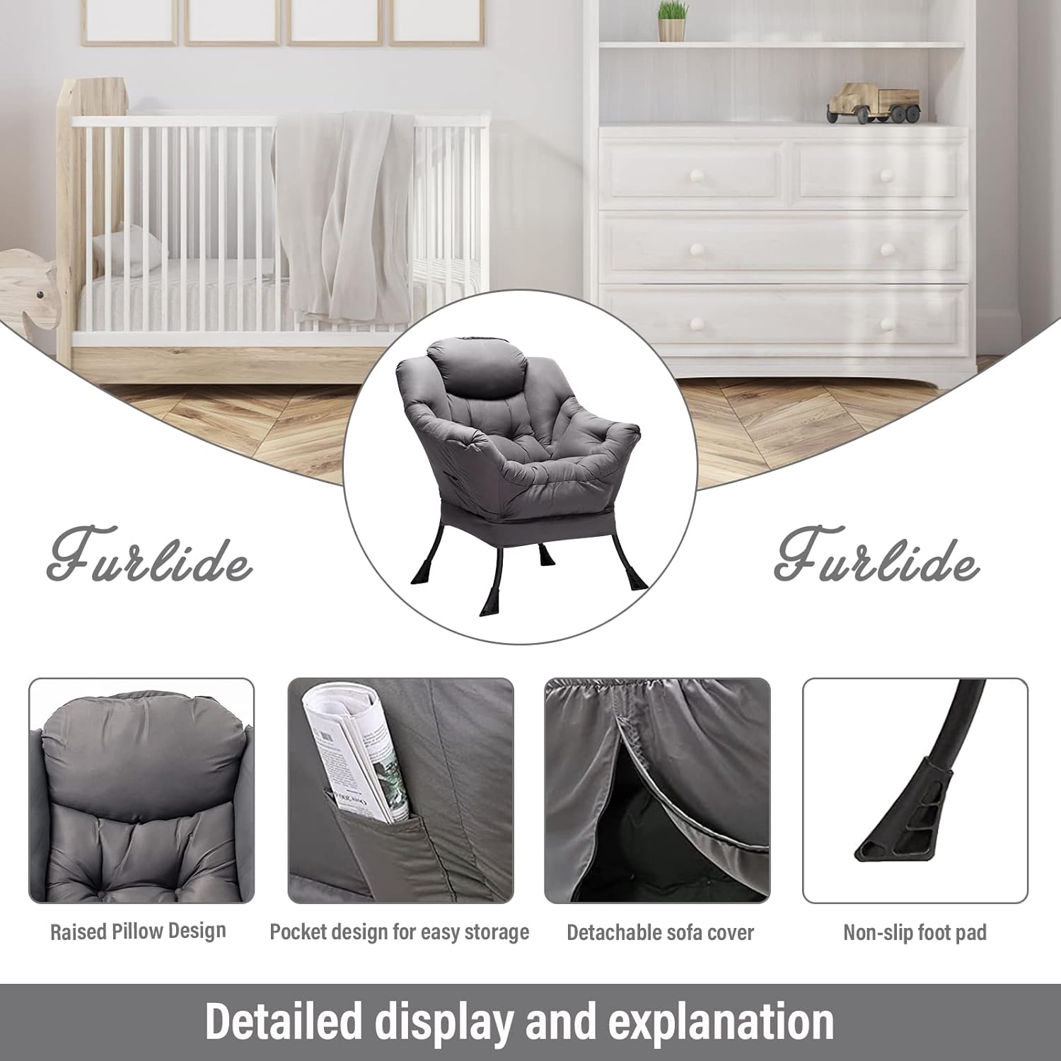 Lazy Chair with Ottoman, Modern Chair with Folding Footrest, Lounge Accent Chair, Comfortable Reading Chair, Oversized Armchairs for Bedroom, Study, Living Room, Courtyard (Dark Grey) - Grand Goldman