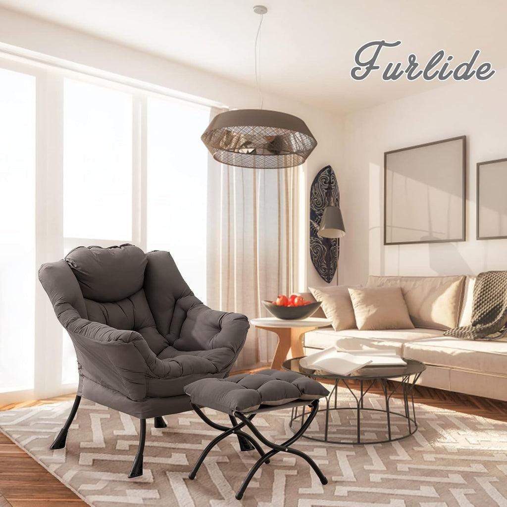 Lazy Chair with Ottoman, Modern Chair with Folding Footrest, Lounge Accent Chair, Comfortable Reading Chair, Oversized Armchairs for Bedroom, Study, Living Room, Courtyard (Dark Grey) - Grand Goldman