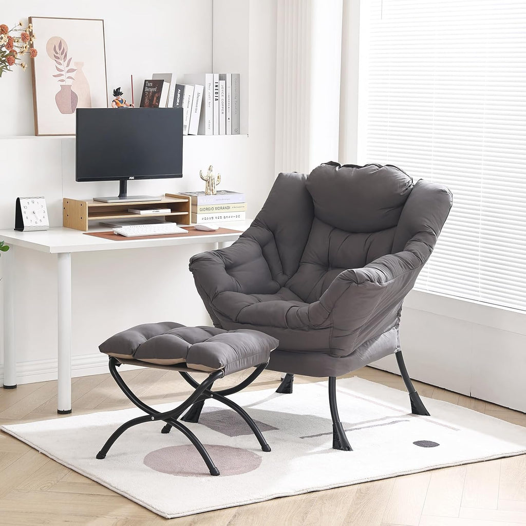 Lazy Chair with Ottoman, Modern Chair with Folding Footrest, Lounge Accent Chair, Comfortable Reading Chair, Oversized Armchairs for Bedroom, Study, Living Room, Courtyard (Dark Grey) - Grand Goldman